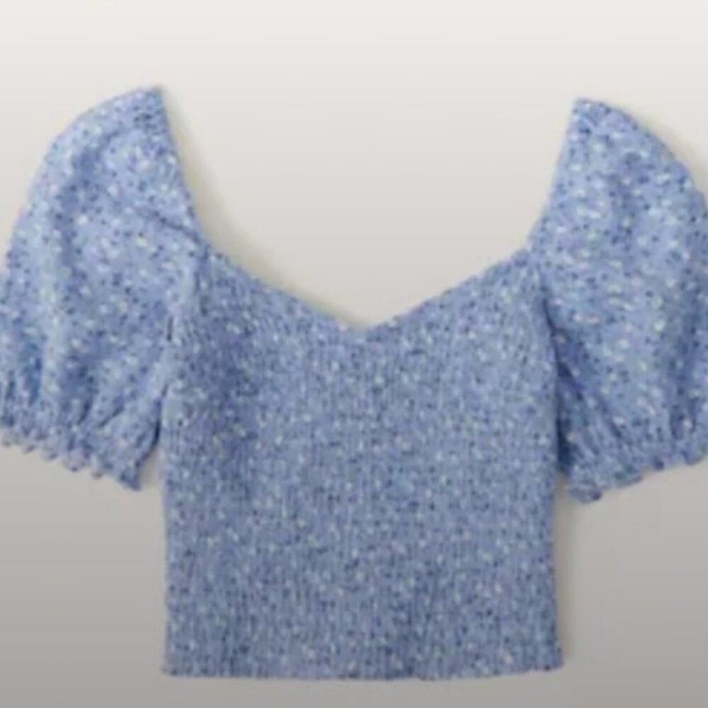 Abercrombie and Fitch Pale Blue Floral Smocked Puff Sleeve Linen Top XL